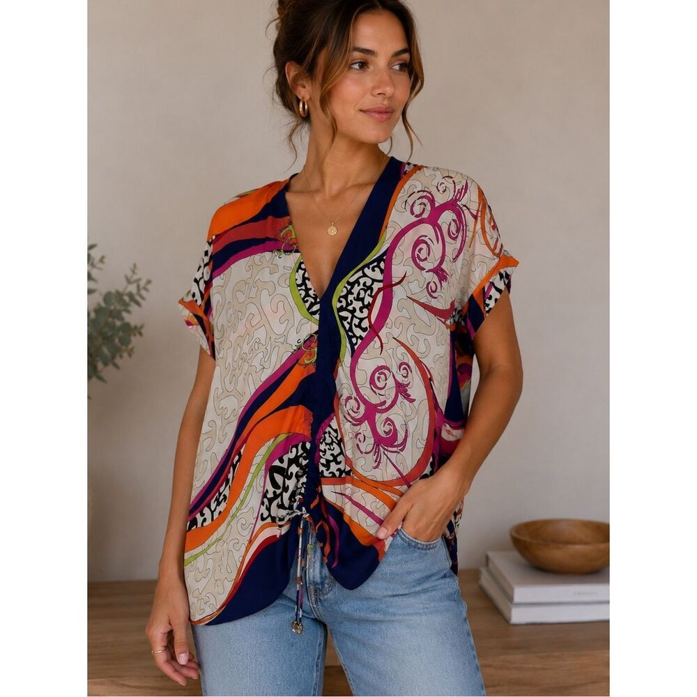 Analili Silk Colorful Short Sleeve Drawstring Relaxed Fit Tunic Top One Size